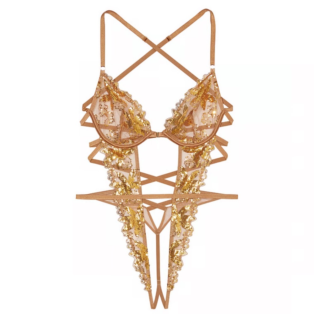 NEW!!!! Gold Sequined Floral Embroidery Unlined Strappy Crotchless Teddy
